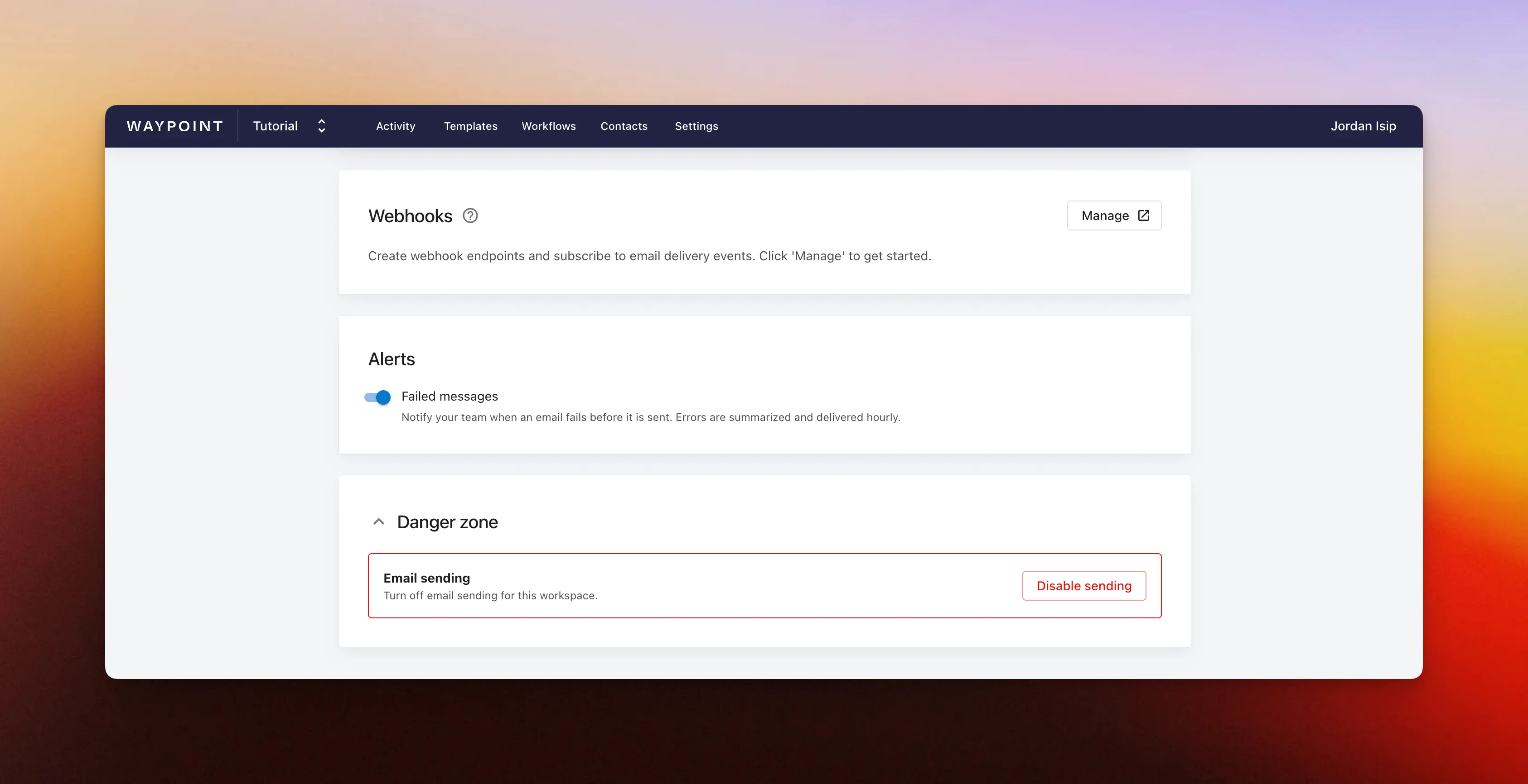 Screenshot showing the Disable sending button in the Settings danger zone