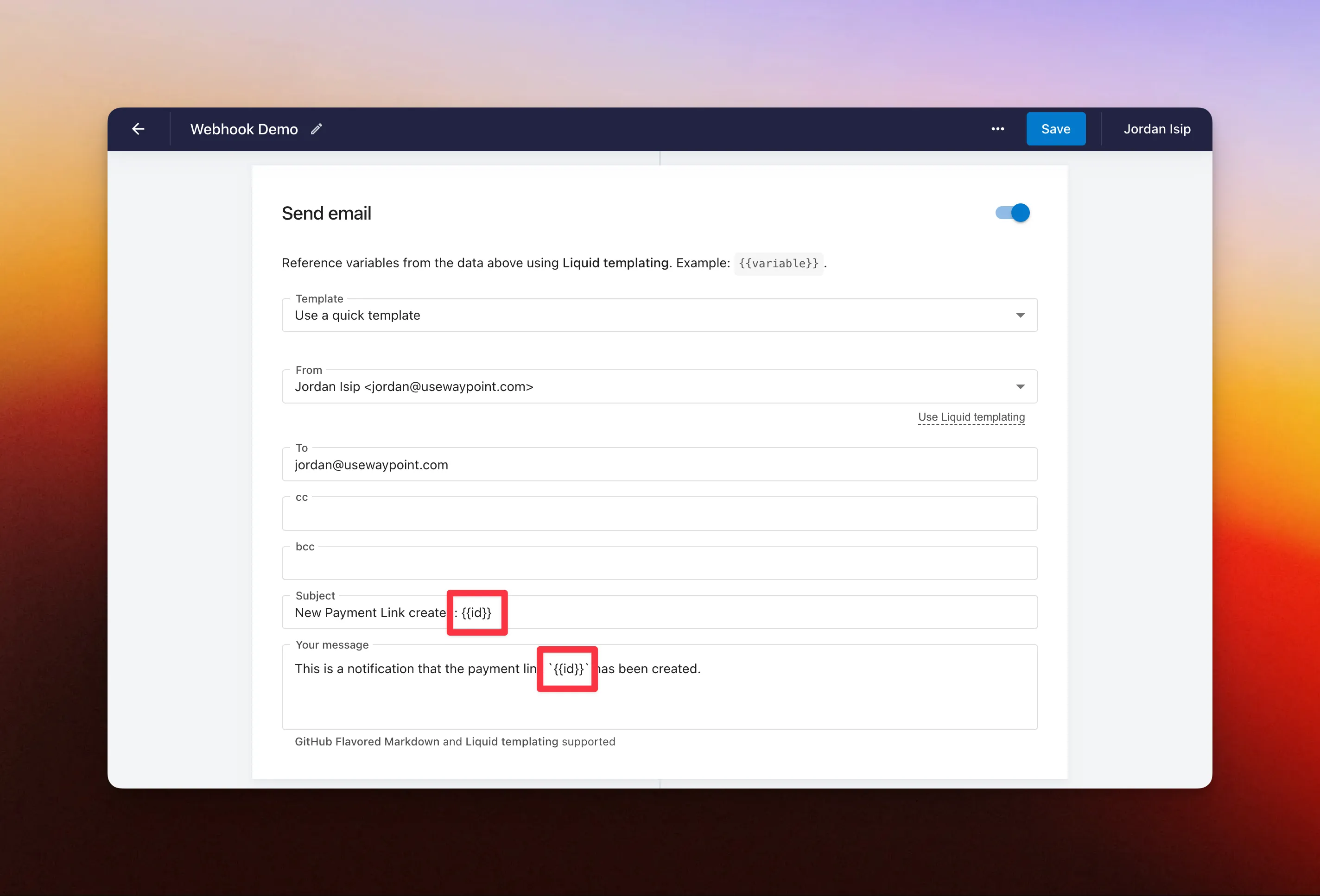 Screenshot: Workflow Webhook Email