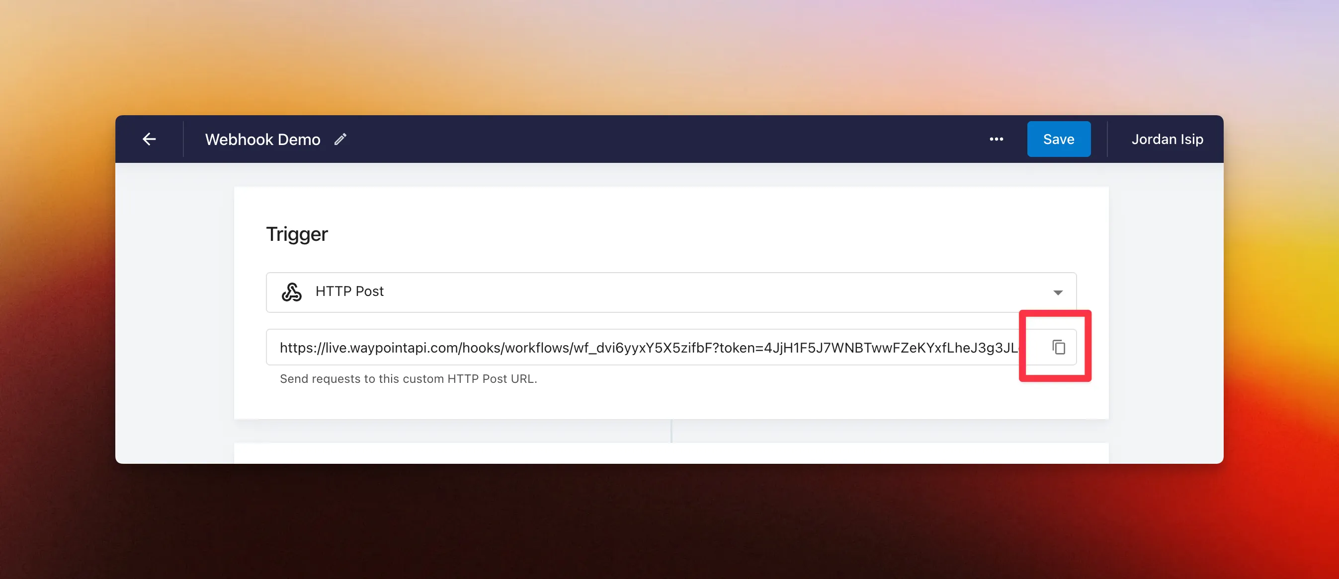 Screenshot: Workflow Webhook Copy Endpoint