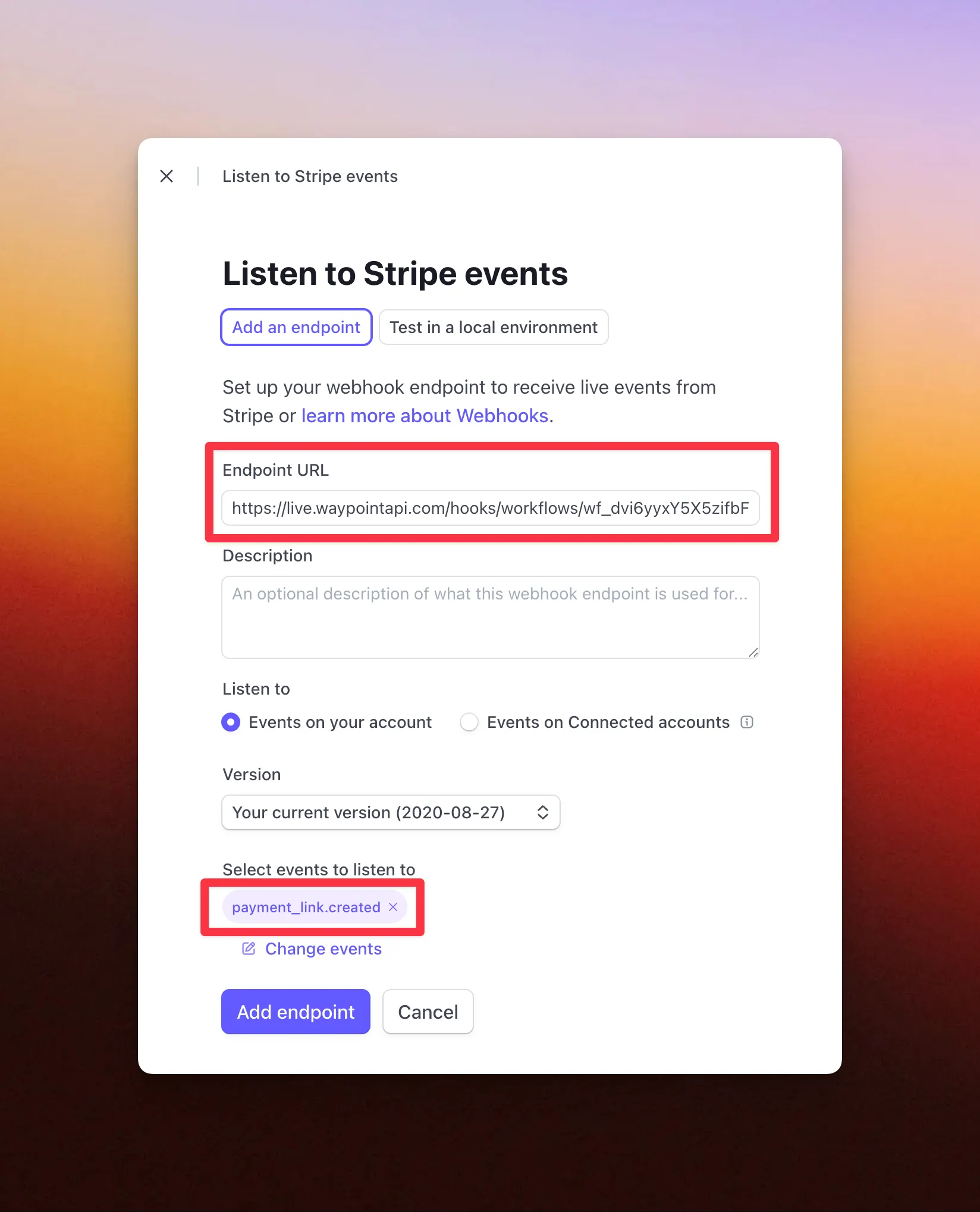 Screenshot: Adding Webhook Endpoint on Stripe