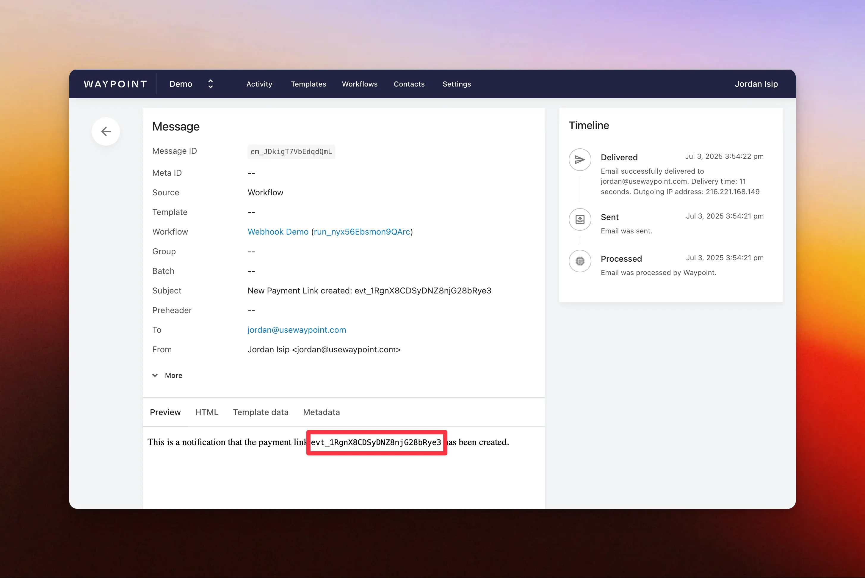 Screenshot: Test Message Output
