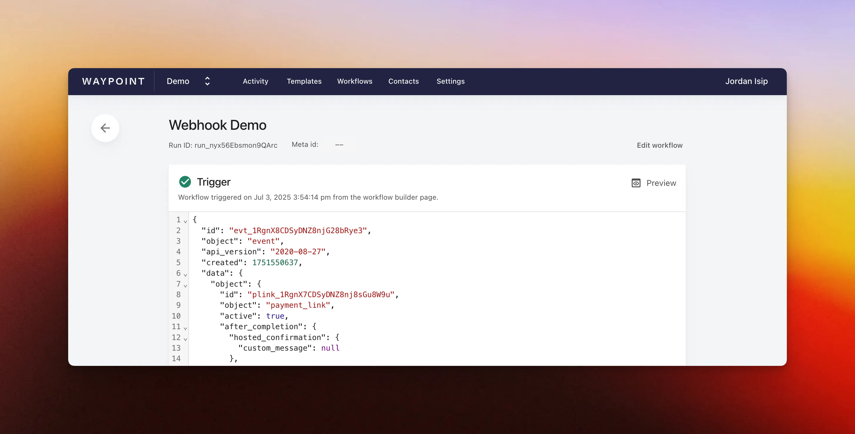 Screenshot: Test Workflow Run