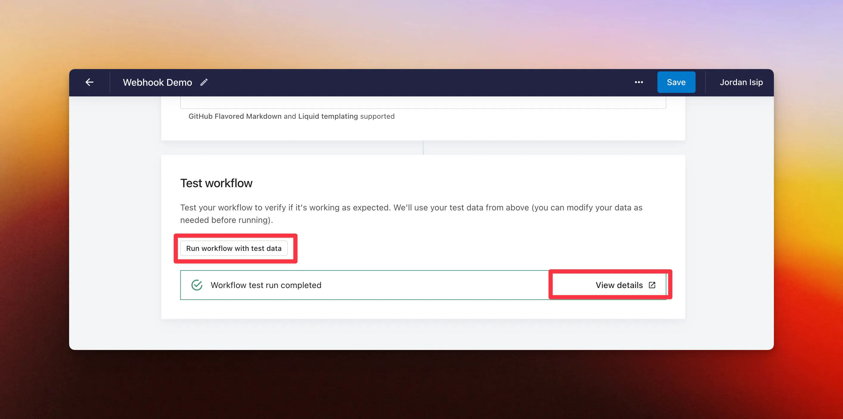 Screenshot: Test Webhook