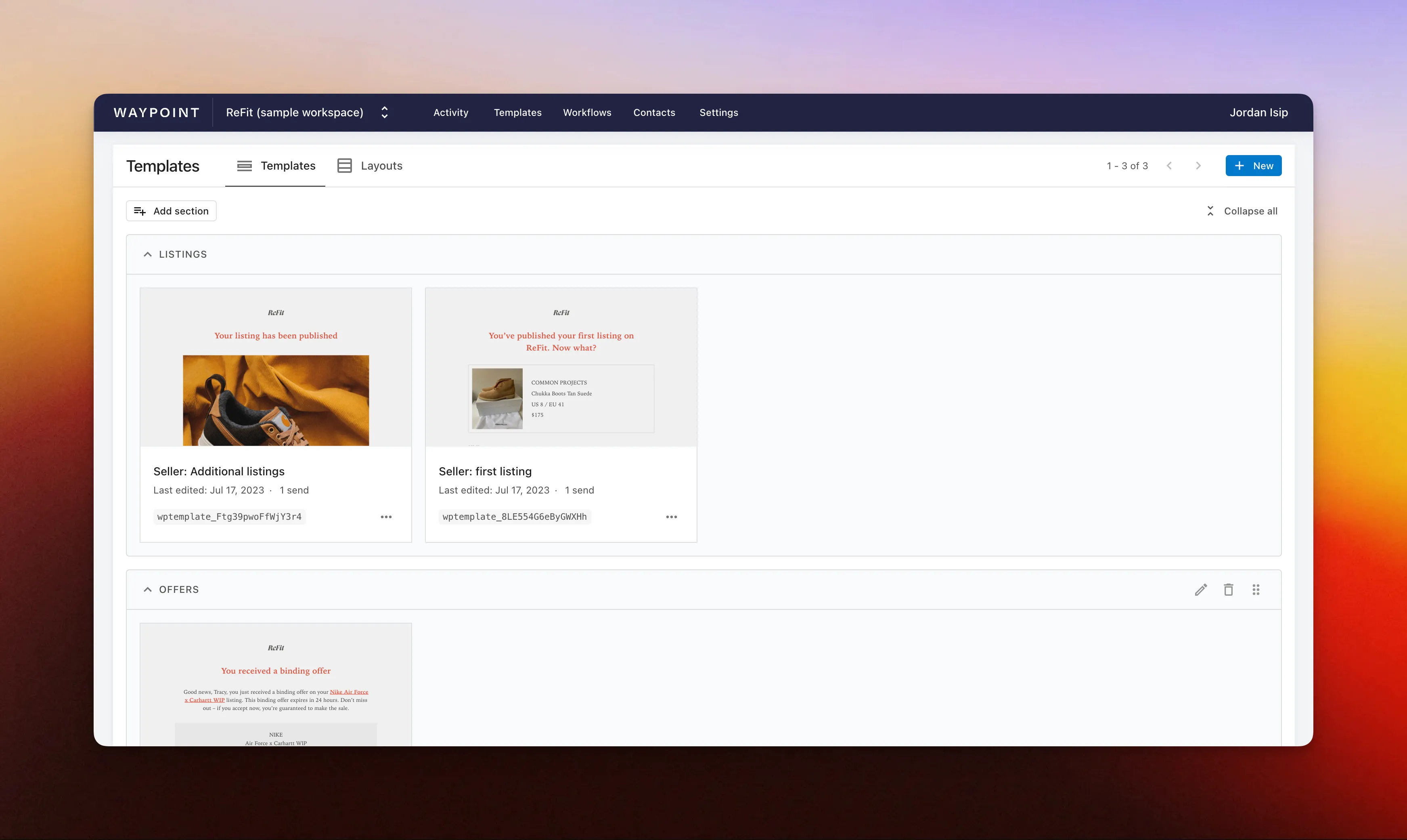 Template sections screenshot